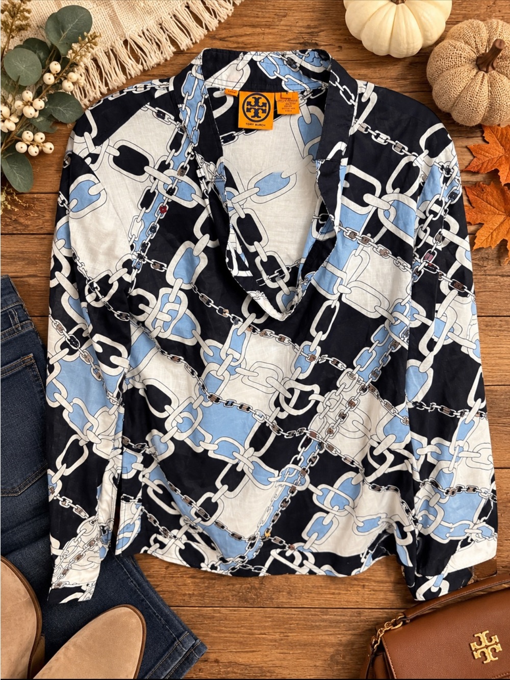Tory Burch Navy, Light Blue & White Chain-Print Silk Button-Down